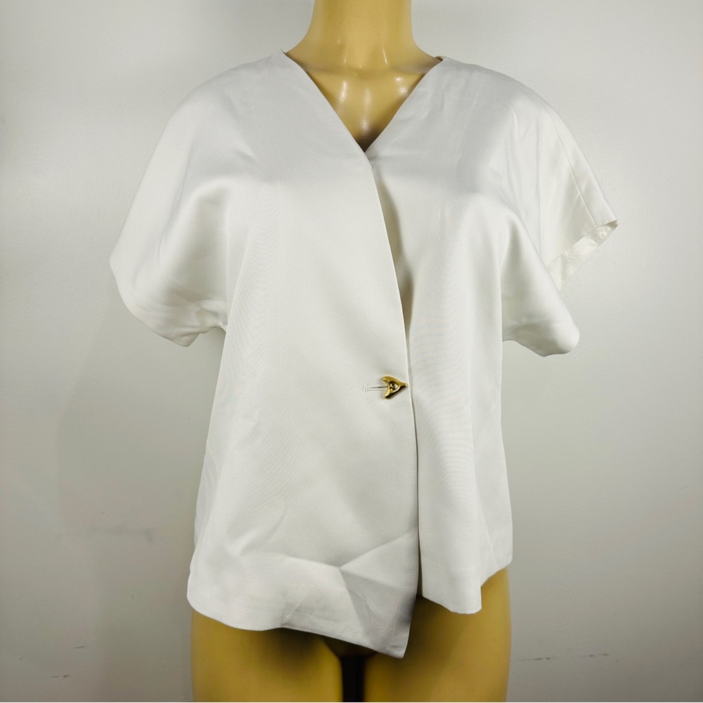 Commense White Blouse Sz L Heart Button Short Sleeves